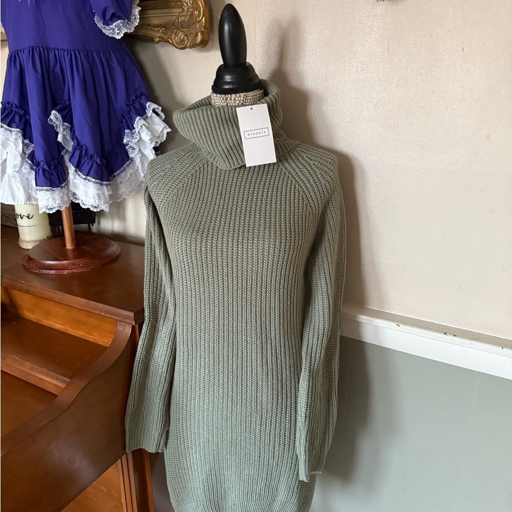Women's Oversized Ribbed Turtleneck Green Sweater Dress NWT
